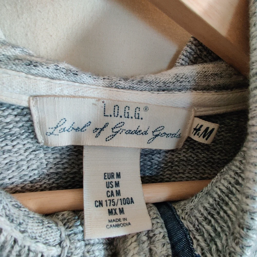 H&M L.O.G.G. Men's Gray Knit Henley Button Up Long Sleeve Hoodie Sweater Top M